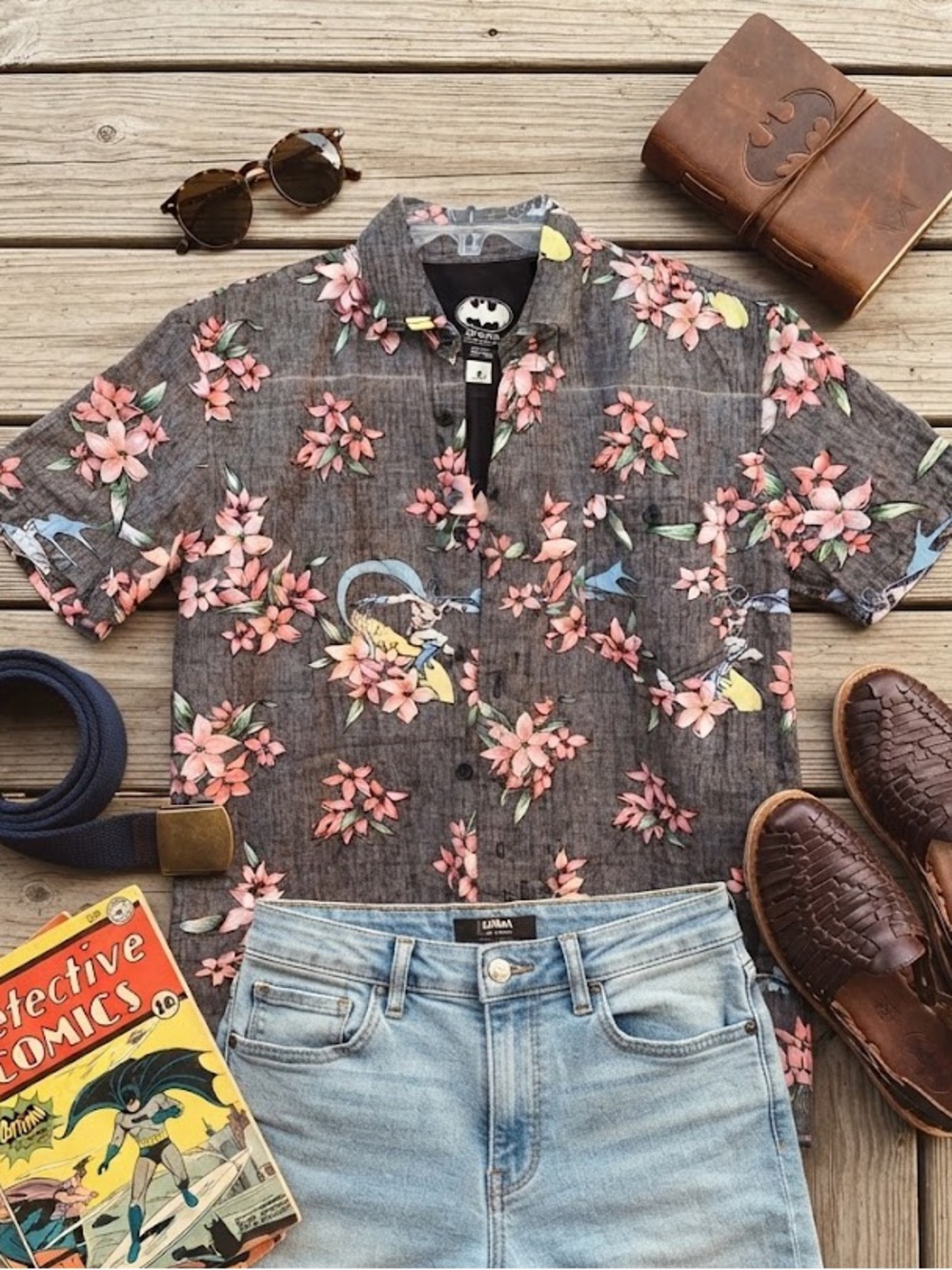 DC Comics Batman Hawaiian Floral Button-Down Shirt - Black with Pink